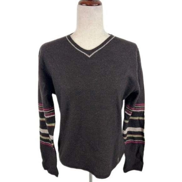 Smartwool Merino Wool Sweater V Neck Striped Long Sleeve Brown Womens Size Large - Picture 1 of 5